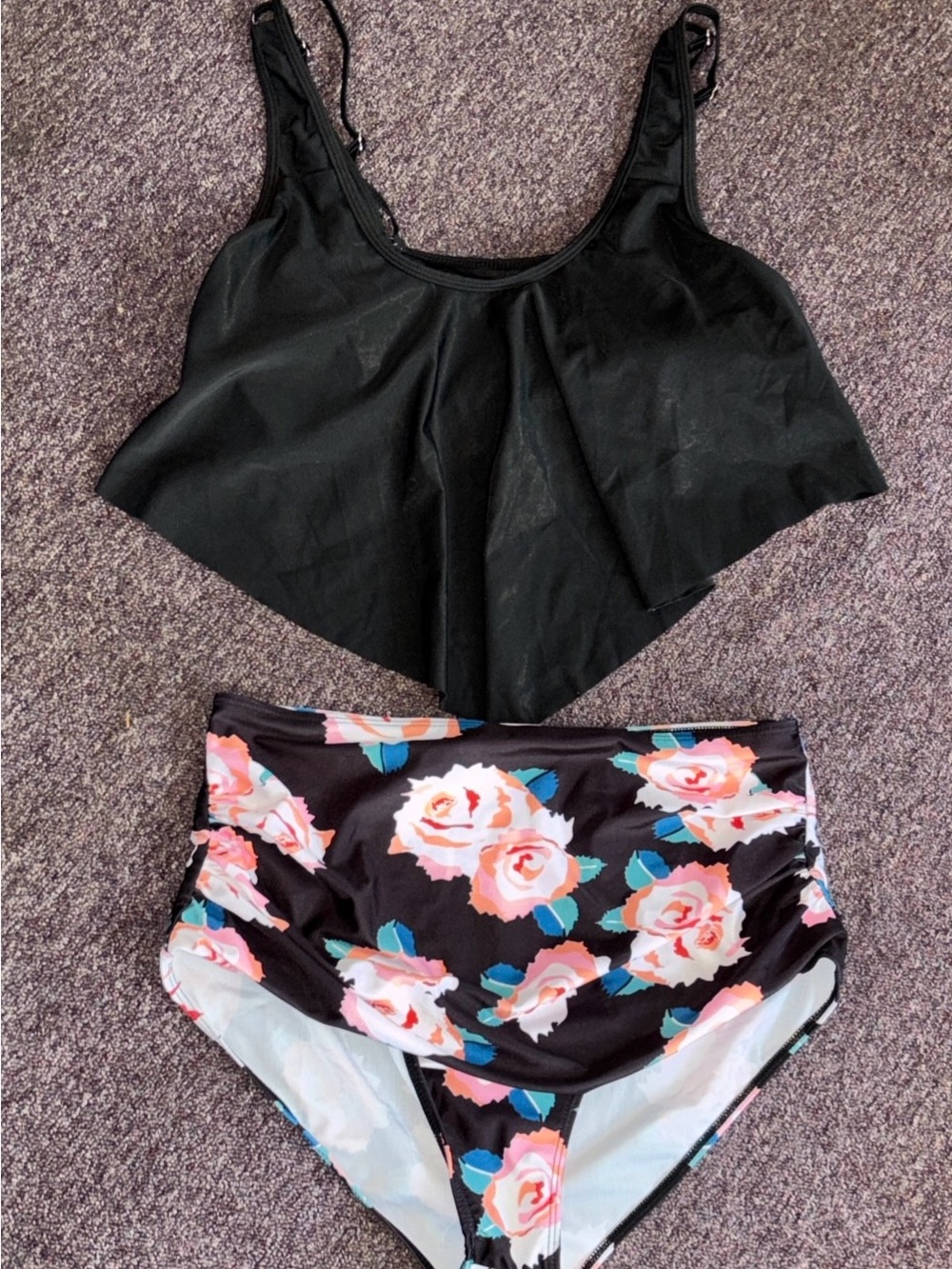 Black Flounce Bikini Top with Floral High-Waist Bottoms